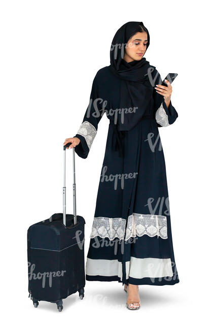 cut out muslim woman with a suitcase standing