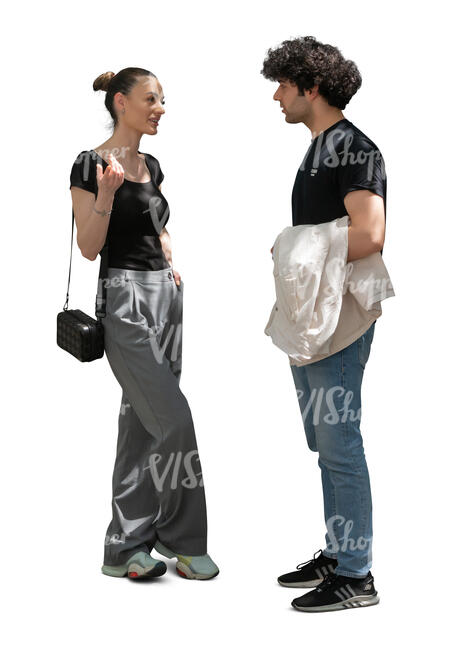 cut out man and woman standing in partial shade and talking