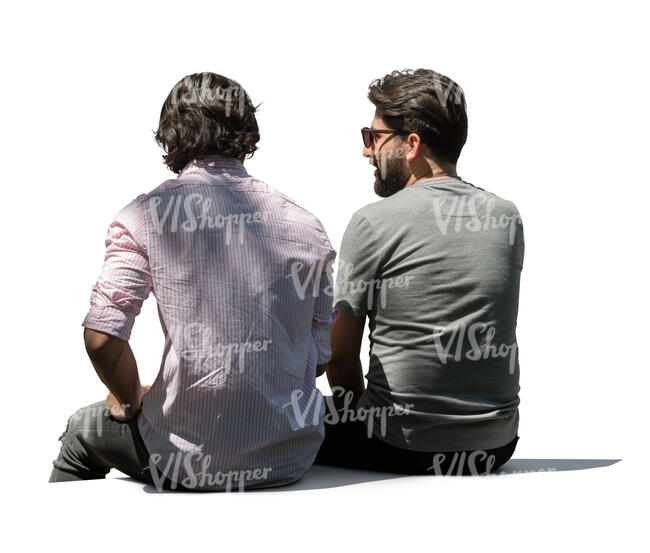 two cut out men sitting in tree shade and talking