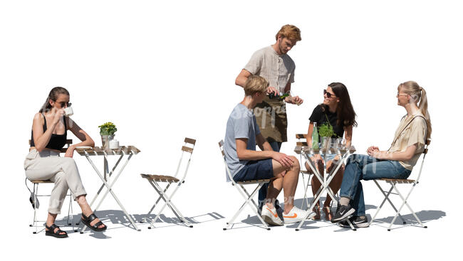 cut out outdoor restaurant scene with people sitting and a waiter standing in summer