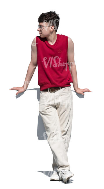 cut out young man standing and leaning on an edge