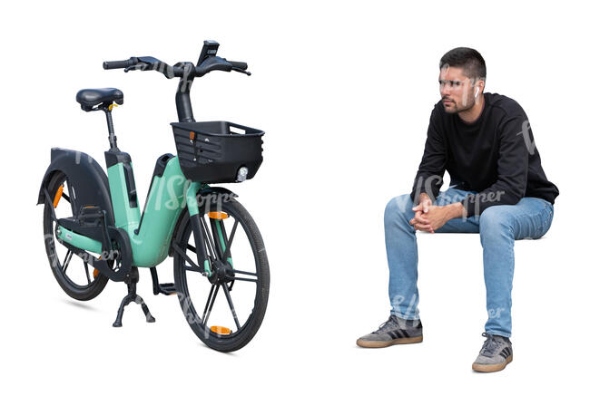 cut out man sitting next to his electric rental bike