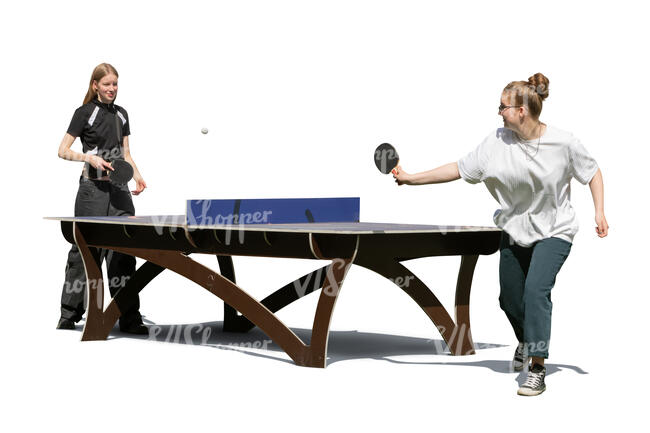 two cut out young women playing table tennis outside