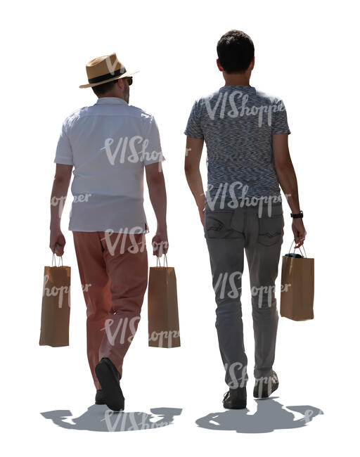 two cut out backlit men with shopping bags walking