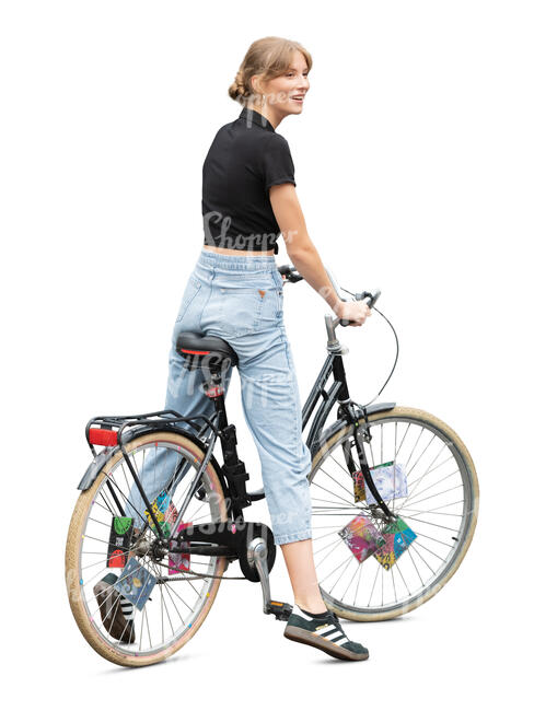 cut out woman with a bike standing and looking at smth