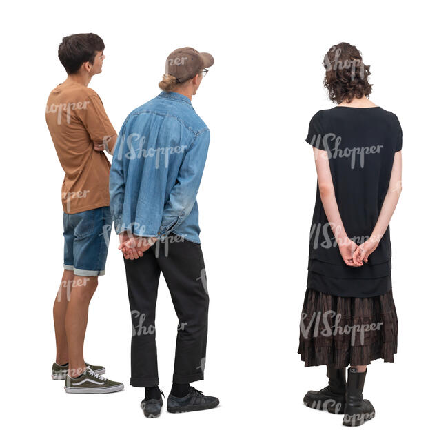 cut out group of three people standing in a museum