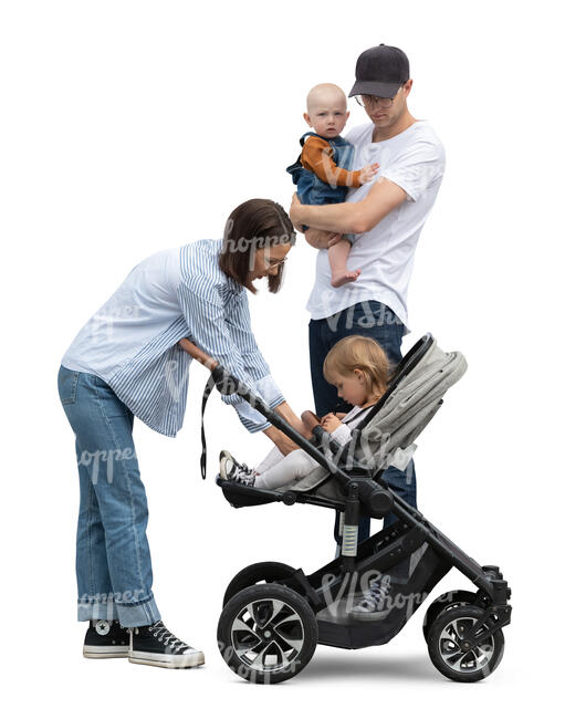 cut out family with a baby and a stroller standing and managing kids