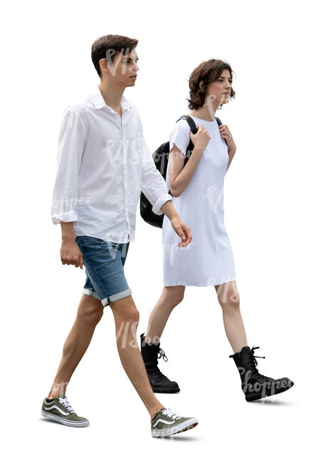 cut out young man and woman in white summer outfits walking together