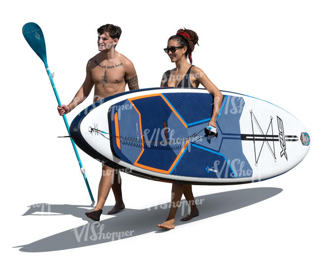 cut out man and woman with a paddle board walking on the beach