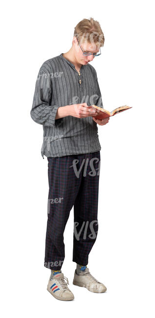 cut out young man standing and reading a book