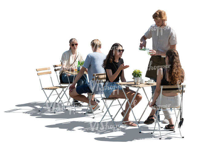 cut out backlit scene of a street cafe with many people and a waiter