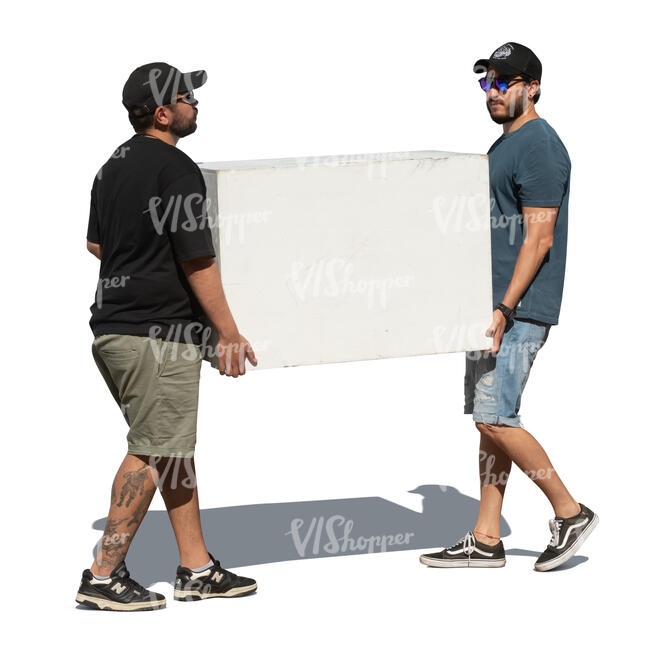 two cut out men carrying a big white box