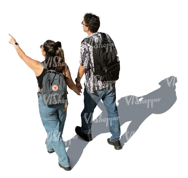 cut out couple walking and pointing ahead seen from above