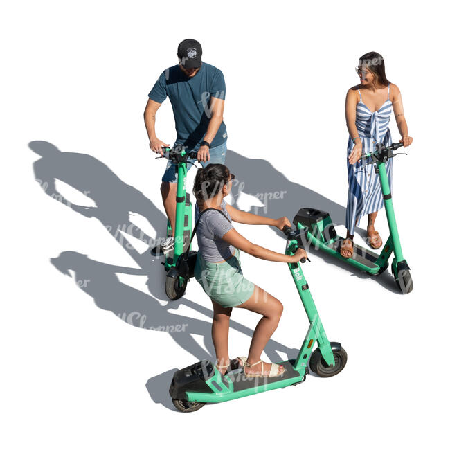 cut out group of people with electric scooters standing and talking