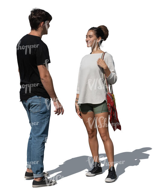 south american man and woman standing and talking