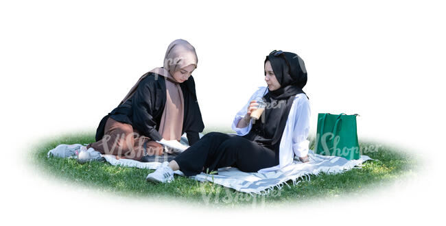 two cut out muslim girls sitting in the park on the grass