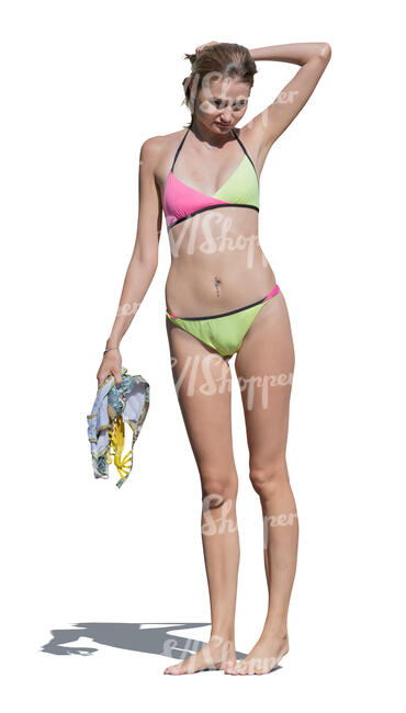 cut out woman in a bikini standing barefoot in the sun