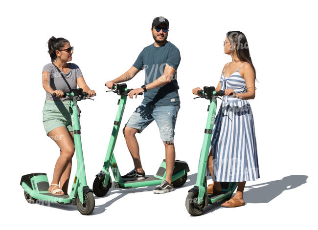 three cut out people with electric scooters standing and talking