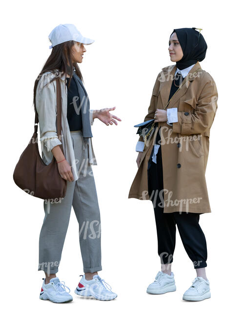 two cut out young middle eastern women standing and talking