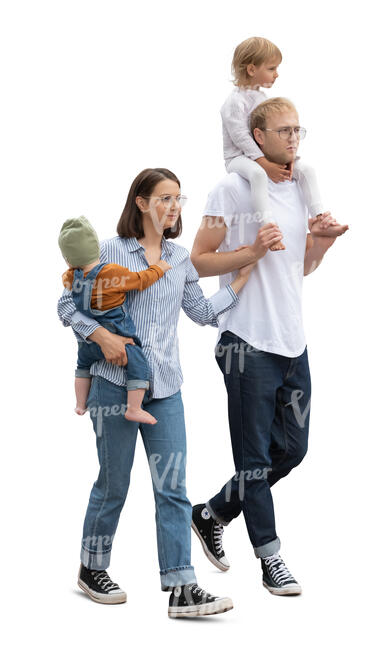 cut out young family with two little kids walking