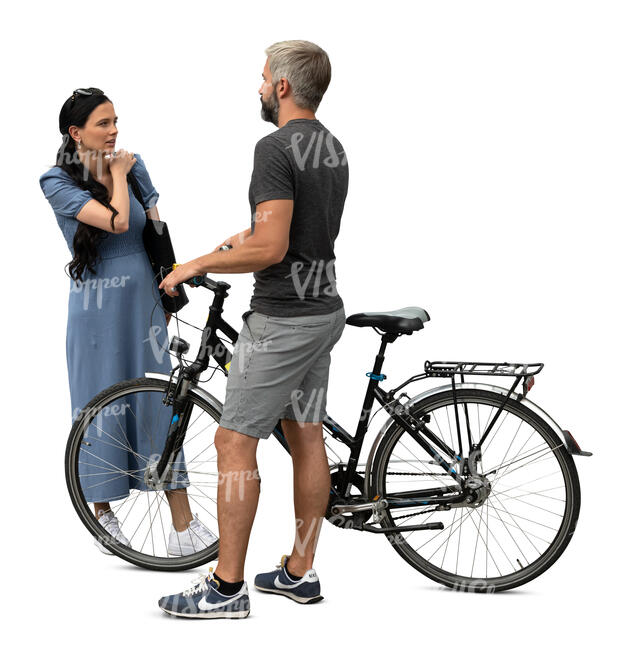 cut out man with a bike standing and talking to a woman