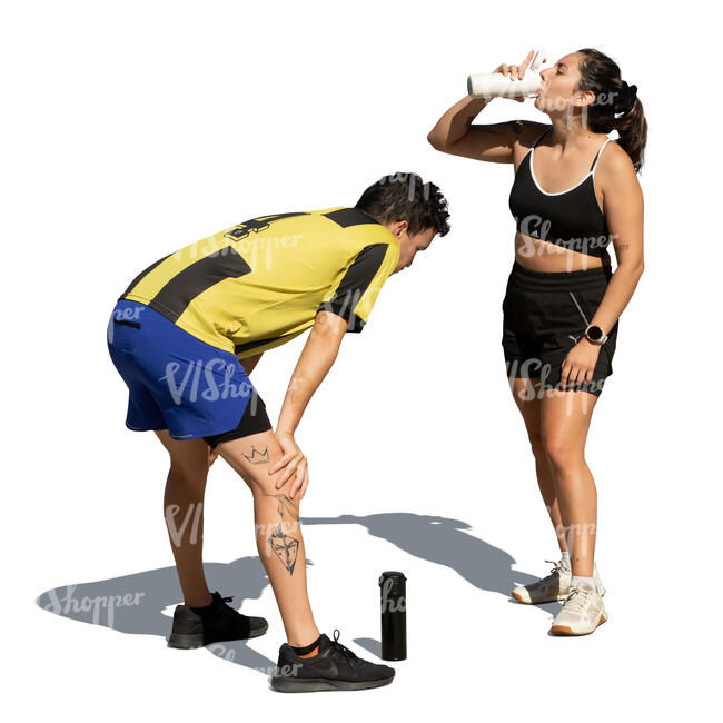 cut out man and woman resting and drinking water after heavey workout
