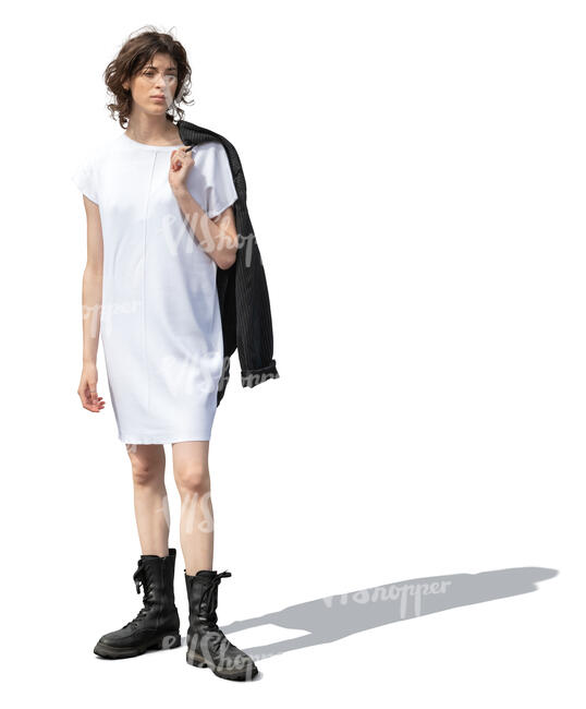 cut out woman in a white dress and wearing boots standing