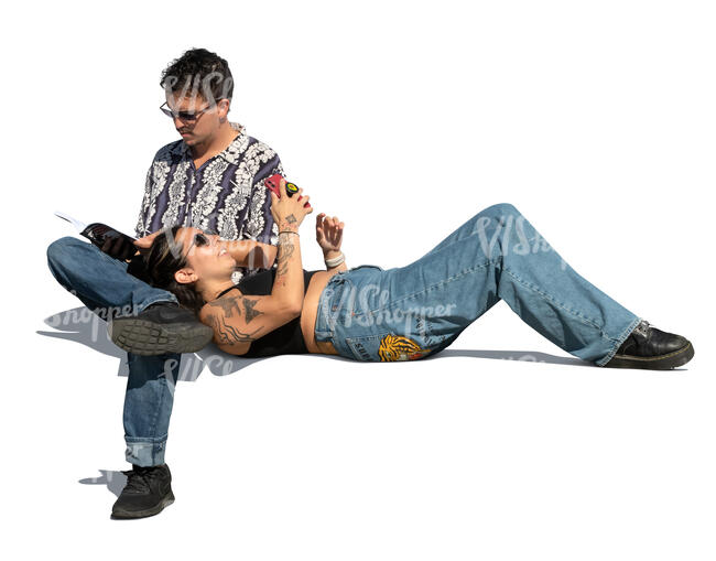 cut out latino man sitting with his girlfriend and reading