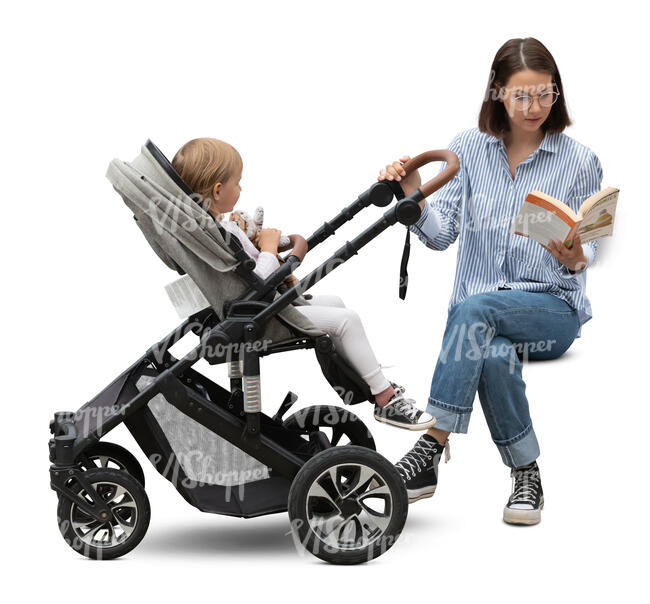 woman with a baby stroller sitting and reading a book