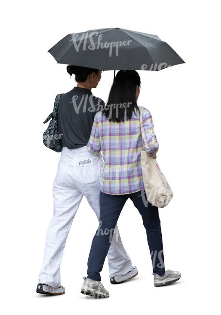 two cut out asian women with an umbrella walking