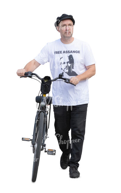 cut out man with a bike walking
