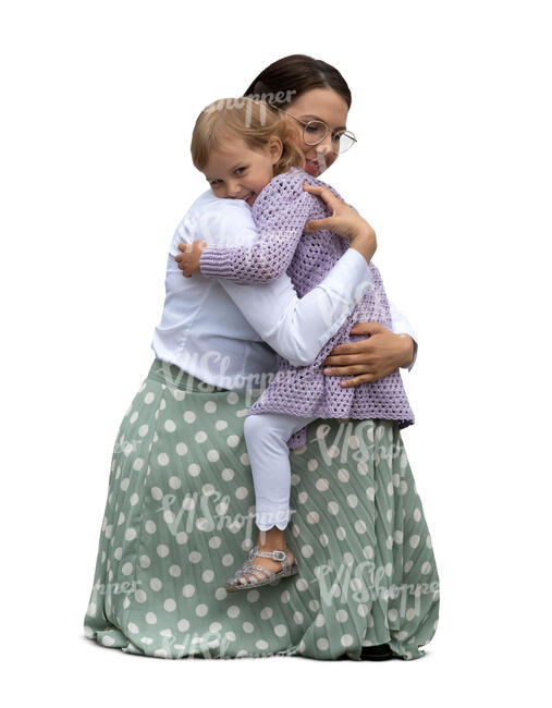 woman squatting and hugging her daughter