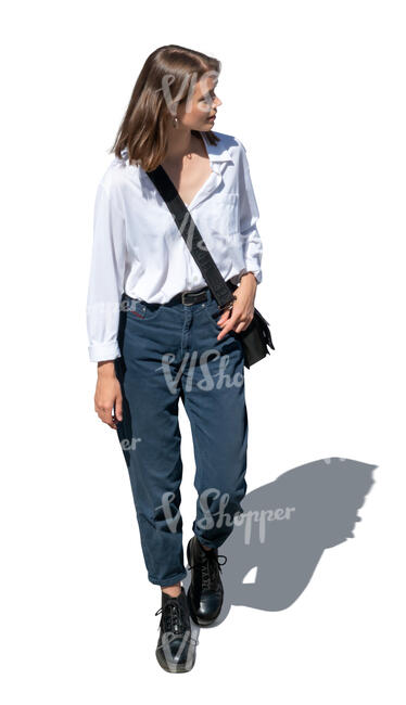 cut out young woman walking seen from above