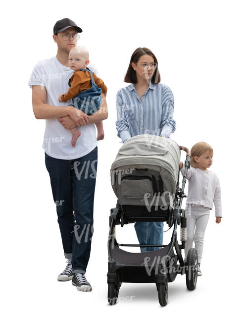 family with two little kids and a stroller walking
