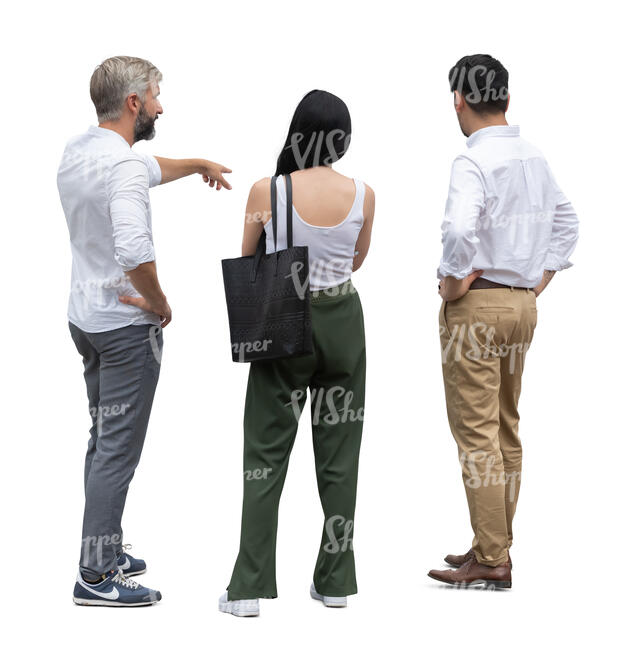 three people standing and looking at smth
