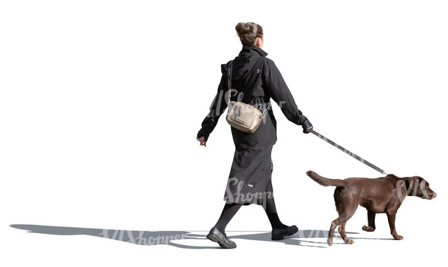 woman in autumn walking a dog