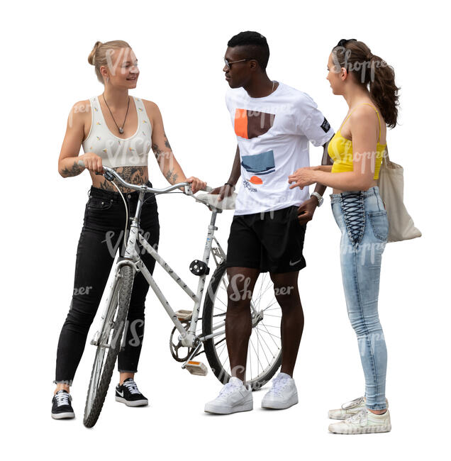 group of three young people standing and talking