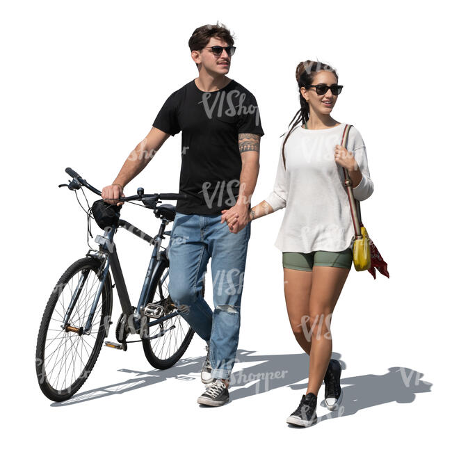 south american couple with a bike walking and holding hands