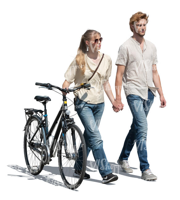 cut out couple with a bicycle walking hand in hand