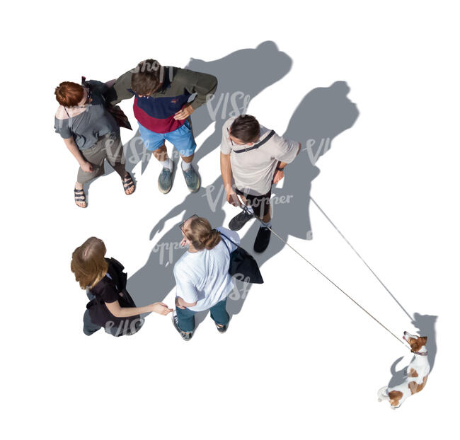 cut out group of five people and dog standing seen from top