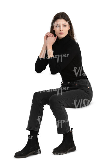 cut out woman sitting and leaning on a table