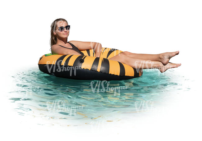 cut out woman relaxing on the large floatie in the pool