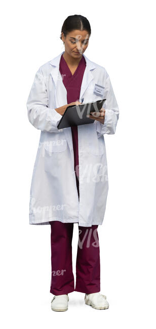 cut out female doctor standing and reading some documents