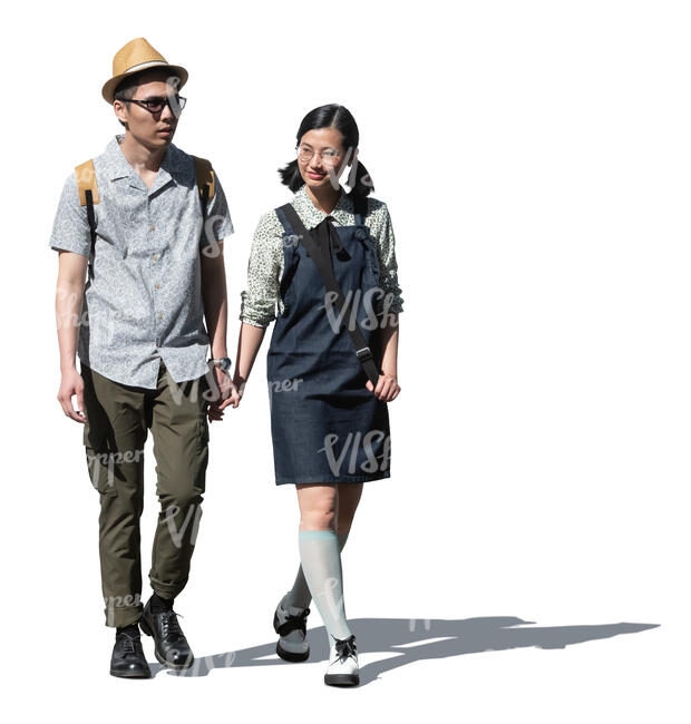 cut out young asian couple walking hand in hand