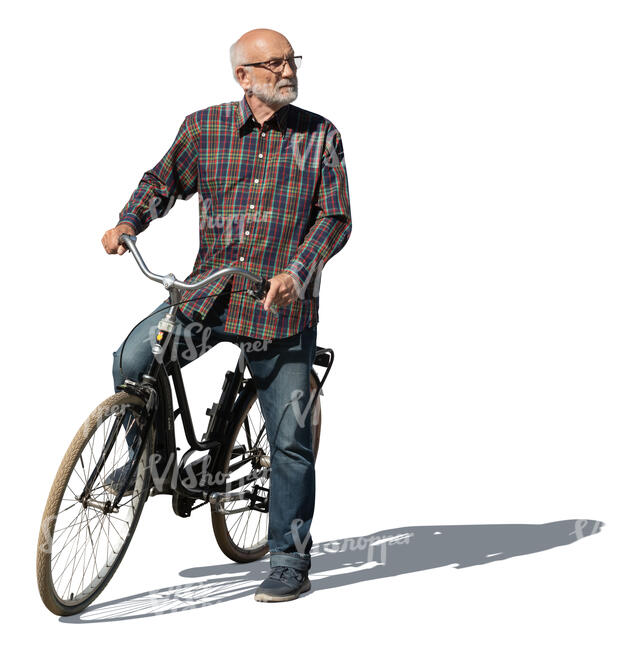cut out elderly man stopping on a bike ride