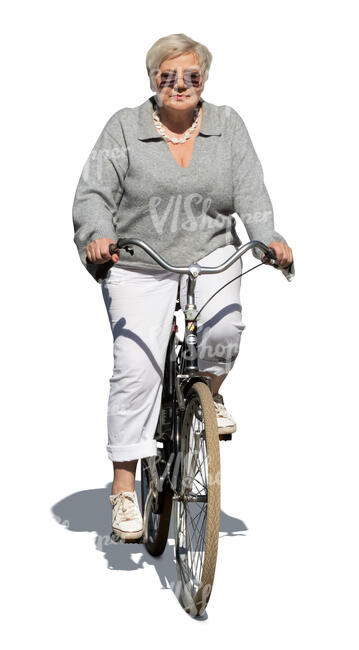 cut out older woman riding a bike