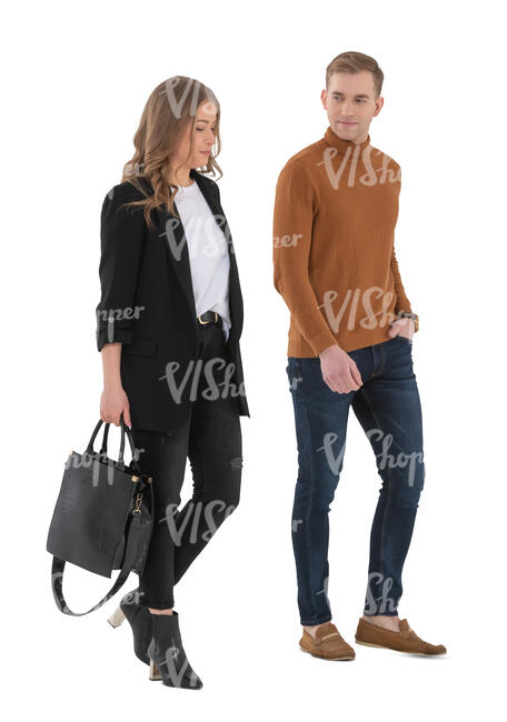 two cut out people walking and talking