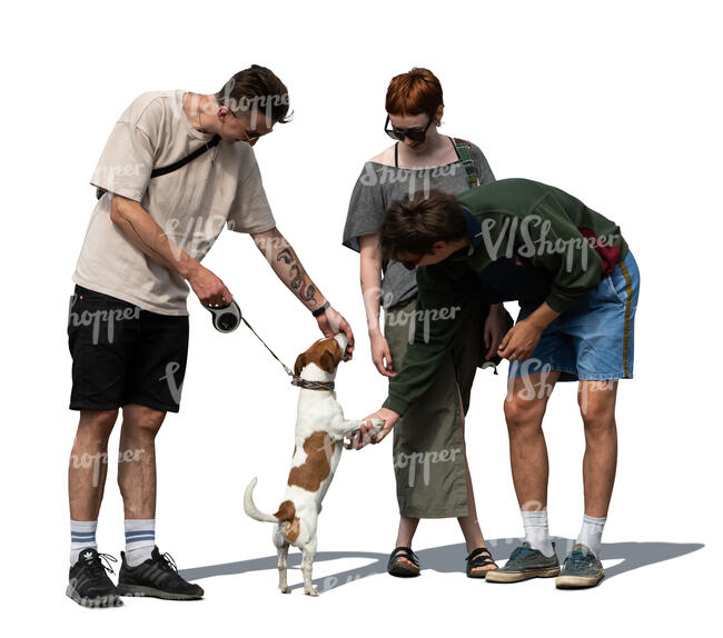 group of cut out people standing and playing with a dog