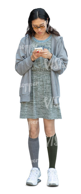 cut out asian woman with a phone standing