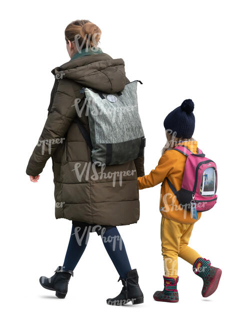 cut out mother and daughter walking hand in hand in autumn